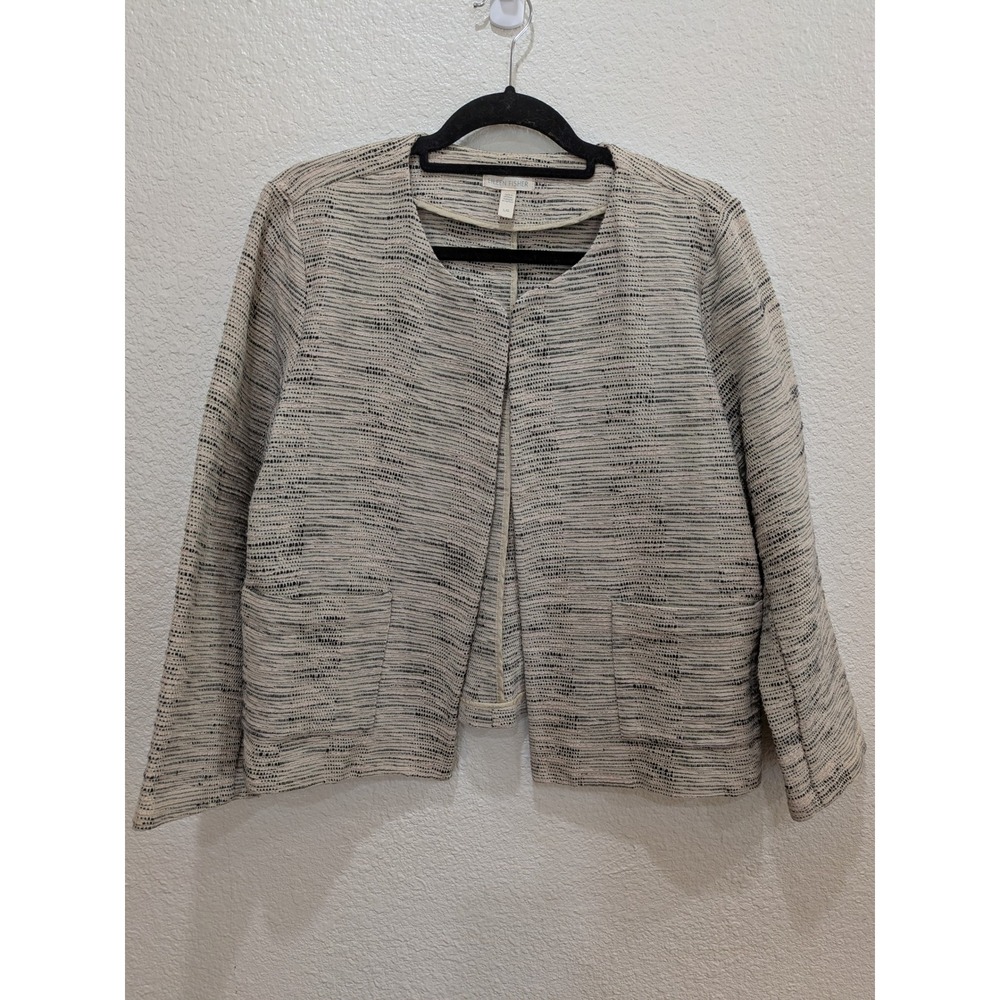Eileen Fisher Open Front Jacket Large Boucle Cotton Neutral  Pocket Collarless